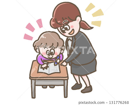 Girl and teacher studying at desk 131776268
