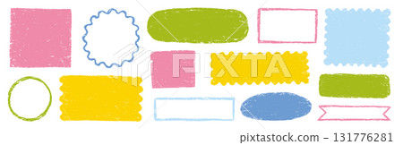 Doodle brush crayon shape color frame set. Hand drawn crayon pencil box, pastel rough chalk texture square border. Cute cartoon paint frame circle, square background design. Vector 131776281