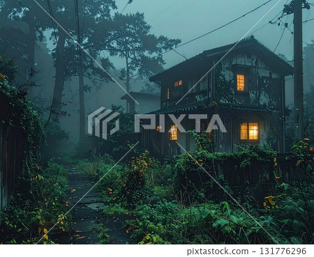 一座荒廢破敗的小鎮和一棟亮著燈的破舊老房子 1 張 AI 生成的圖像 131776296
