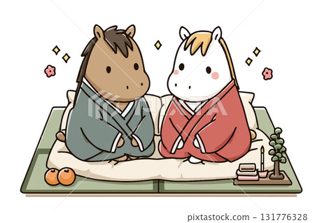 一匹穿著和服、坐在墊子上的馬，日式設計，新年和女兒節的季節性材料 131776328
