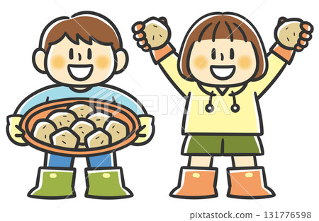 A boy holding a bowl full of potatoes and a girl holding potatoes in both hands 131776598