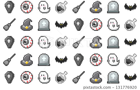 Retro game style Halloween pixel art seamless pattern Retro game style Halloween pixel art seamless pattern 131776920