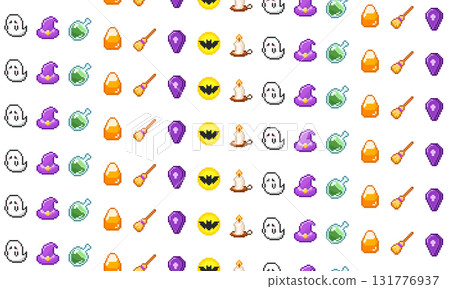 復古遊戲風格萬聖節像素藝術無縫圖案 131776937