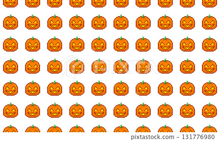 A seamless pumpkin pixel art pattern for retro game-style Halloween designs 131776980