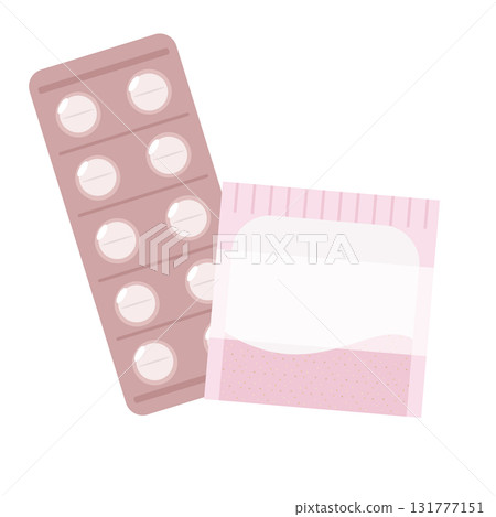 Illustration of tablets and powder medicine with a mount 131777151