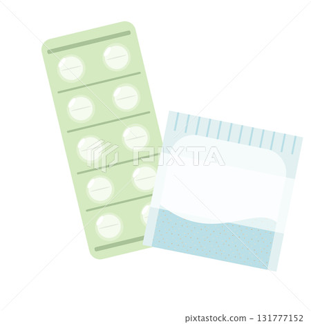 Illustration of tablets and powder medicine with a mount 131777152