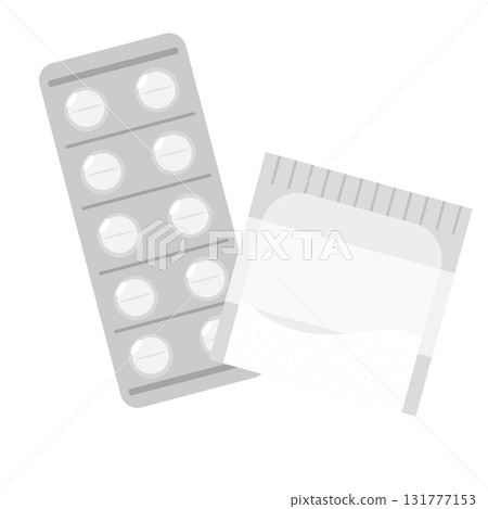 Illustration of tablets and powder medicine with a mount Illustration of tablets and powder medicine with a mount 131777153