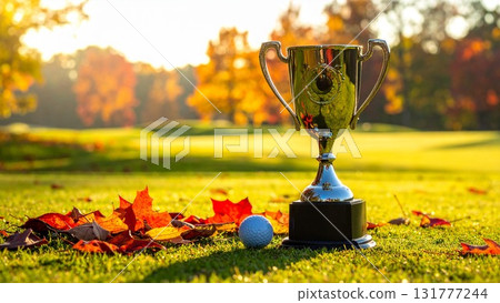 秋色高爾夫球場獎盃素材，16:9尺寸，AI生成素材 131777244