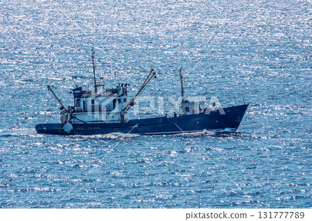 Fishing boat in blue sea and clear sky with birds flying overhead. 131777789