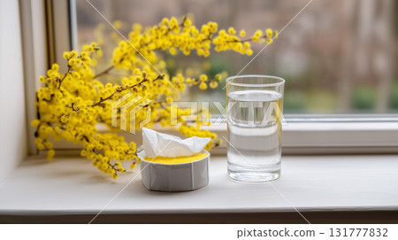 Allergy Relief Setup with Tissue Box and Water Glass by Window During Spring Pollen Season 131777832