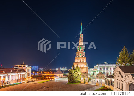 The ancient leaning red brick Syuyumbike Tower at night on the territory of the Kazan Kremlin. Russia The ancient leaning red brick Syuyumbike Tower at night on the territory of the Kazan Kremlin. Russia 131778195