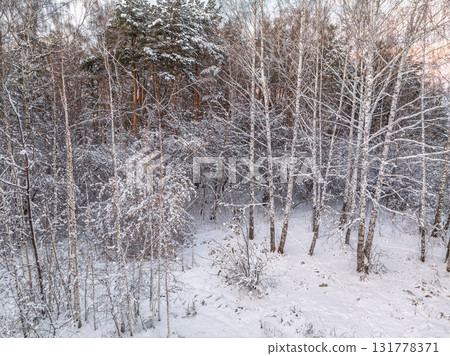 Aerial view of a winter pine forest. Top view of snow-covered pine trees. Beautiful winter forest landscape. Aerial view of a winter pine forest. Top view of snow-covered pine trees. Beautiful winter forest landscape. 131778371