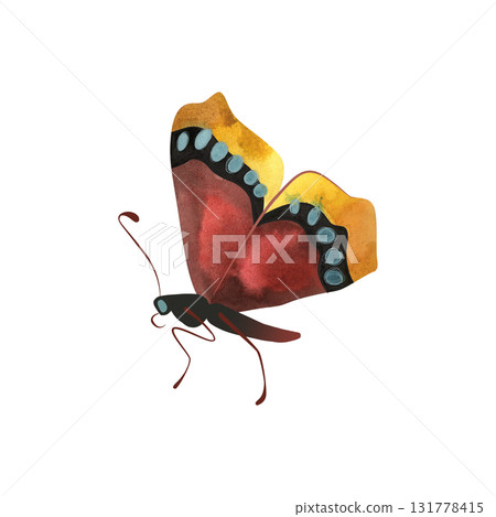 Morning cloak butterfly or Nymphalis antiopa. Isolated watercolor illustration for graphic design. Sticker, part of image. Clipart. Morning cloak butterfly or Nymphalis antiopa. Isolated watercolor illustration for graphic design. Sticker, part of image. Clipart. 131778415