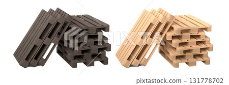Set of wooden pallet for warehouse cargo storage isolated on white background. 3d render of tray for cargo loading and transportation, freight delivery, warehousing service equipment 131778702