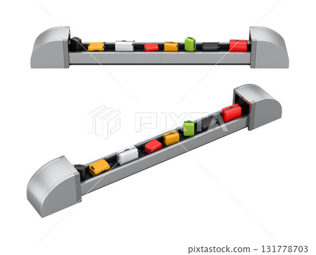 Set of Airport luggage conveyor belt or baggage claim area with suitcases on white background. 3d render of travel vacation concept. Set of Airport luggage conveyor belt or baggage claim area with suitcases on white background. 3d render of travel vacation concept. 131778703