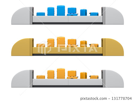 Set of Airport luggage conveyor belt or baggage claim area with suitcases on white background. 3d render of travel vacation concept. 131778704