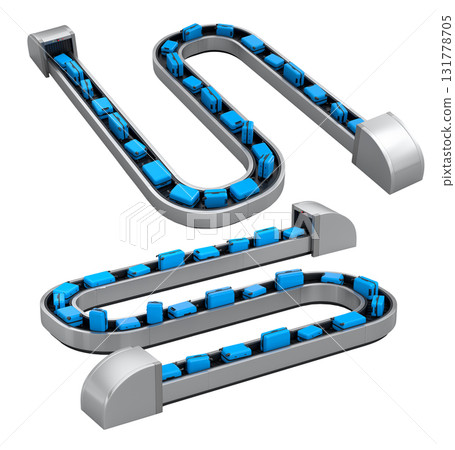 Set of Airport luggage conveyor belt or baggage claim area with suitcases on white background. 3d render of travel vacation concept. 131778705