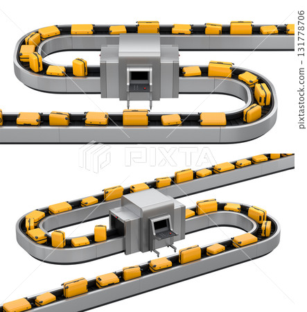 Set of Airport luggage conveyor belt or baggage claim area with suitcases on white background. 3d render of travel vacation concept. 131778706
