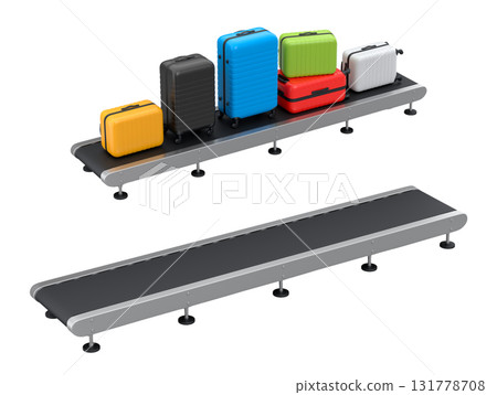 Set of Airport luggage conveyor belt, manufacture line or baggage claim area with suitcases on white background. 3d render of travel vacation concept. Set of Airport luggage conveyor belt, manufacture line or baggage claim area with suitcases on white background. 3d render of travel vacation concept. 131778708