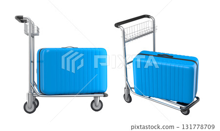 Set of Regular polycarbonate suitcase on hotel trolley cart for carrying baggage on white background. 3d render travel concept of hotel service on vacation and luggage transportation 131778709