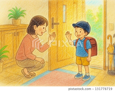 Illustration of a mother and child seeing off their child at the entrance in the morning before going to school 131778719