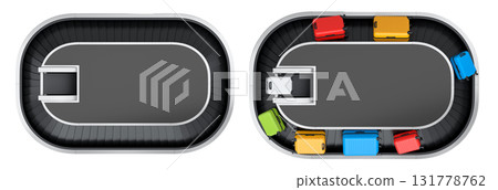 Set of Airport luggage conveyor belt or baggage claim area with suitcases on white background. 3d render of travel vacation concept. Set of Airport luggage conveyor belt or baggage claim area with suitcases on white background. 3d render of travel vacation concept. 131778762