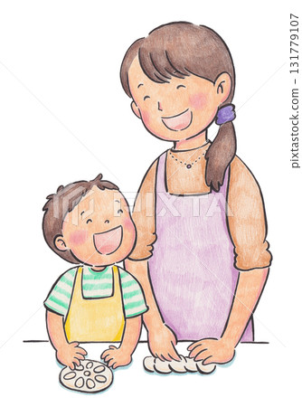 Illustration of a parent and child making bread Illustration of a parent and child making bread 131779107