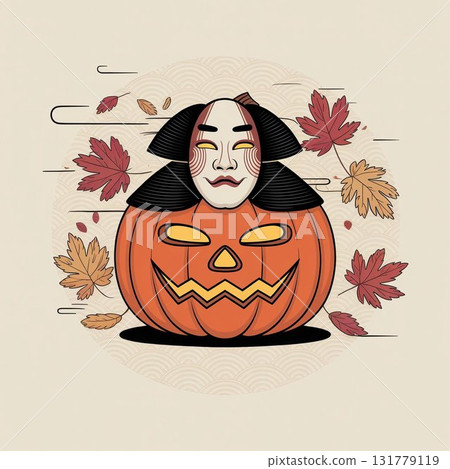 Kabuki Mask Pumpkin Japanese Halloween Art with Autumn Maple Leaves Kabuki Mask Pumpkin Japanese Halloween Art with Autumn Maple Leaves 131779119