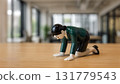Miniature female office worker in despair with hands on the floor 131779543
