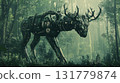 A large, mechanical deer is walking through a forest 131779874