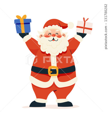 Santa Claus holding gift boxes in both hands. Flat Cartoon vector illustration isolated on white background. Christmas celebration and holiday concept. Santa Claus holding gift boxes in both hands. Flat Cartoon vector illustration isolated on white background. Christmas celebration and holiday concept. 131780282