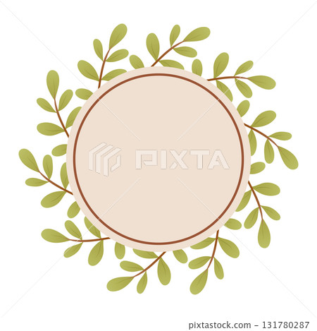 Circular beige frame with green leafy branches. natural or eco-friendly label Circular beige frame with green leafy branches. natural or eco-friendly label 131780287