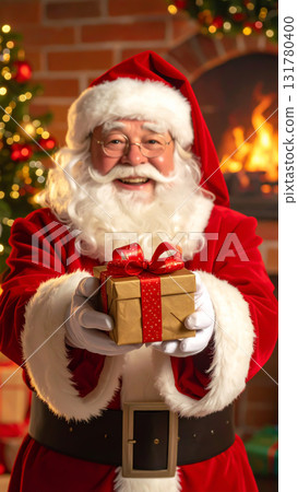聖誕節前夕,帶著微笑的聖誕老人送禮物 聖誕節前夕,帶著微笑的聖誕老人送禮物 131780400