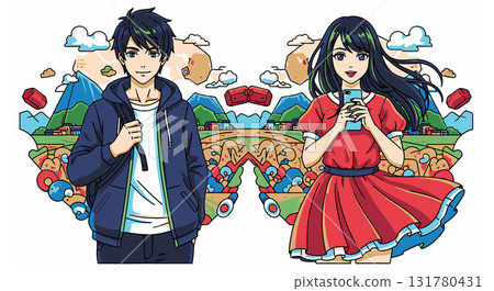 Anime Style Couple with Doodle Background Illustration 131780431