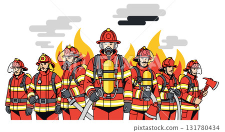 Cartoon firefighter team in uniform and helmets 131780434