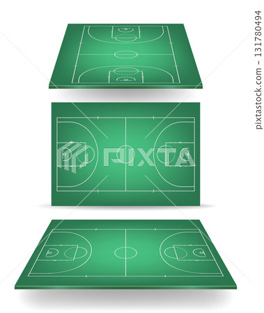 Basketball Court Set. Green Indoor Basketball Court Floor, Top View, Isometric and Perspective. Basketball Court Background for Sports Design, Tactics Board, Arena Layout, League Game 131780494