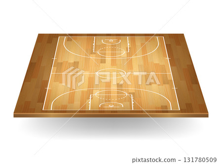 Basketball Court Top View on Wooden Floor. Basketball Court Layout with Lines and Markings. Basketball Court Background. Parquet Hardwood Indoor Arena, Sports Field Template 131780509