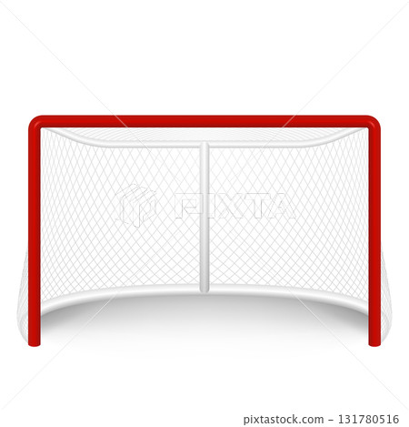 Ice Hockey Goal Net, Vector Illustration. Realistic Rink Gate with Red Posts and White Mesh, Isolated. Hockey Goal Net for Training and Game. Hockey Goal Net Icon, Hockey Goal Net 131780516