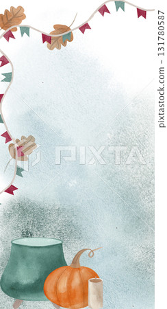 Watercolor hand drawn frame with witch broom, pot for a magical brew, pumpkin, candles and garland on a blue background. Perfect for Halloween cards, party invites, banners, or seasonal promotions Watercolor hand drawn frame with witch broom, pot for a magical brew, pumpkin, candles and garland on a blue background. Perfect for Halloween cards, party invites, banners, or seasonal promotions 131780587