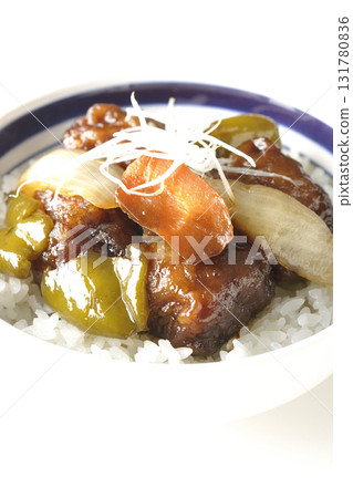 Sweet and sour pork bowl with black vinegar photographed on white background Sweet and sour pork bowl with black vinegar photographed on white background 131780836