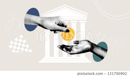 Hands giving and taking money in front of a bank building. A modern vector collage with trendy halftone elements. Finance, banking, and investment concept for design and print. 131780902