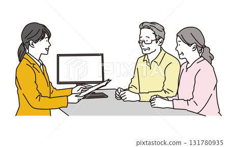 一對老年夫婦在諮詢台接受解釋的插畫素材 131780935