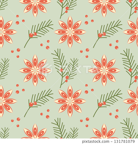 Christmas pattern with branches and berries for greeting cards and wrapping paper. Merry Christmas and Happy New Year. Juniper. 131781079