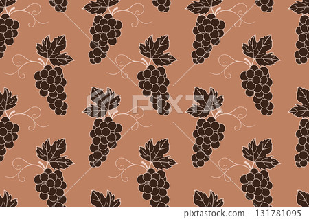 Pattern with grape bunch clusters, dark brown silhouette of vine branches with berries on chocolate brown background. Pattern with grape bunch clusters, dark brown silhouette of vine branches with berries on chocolate brown background. 131781095