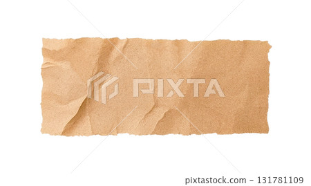 Scrap of craft brown torn crumpled paper, element for collage, rough wrapping paper, isolated on white background. 131781109
