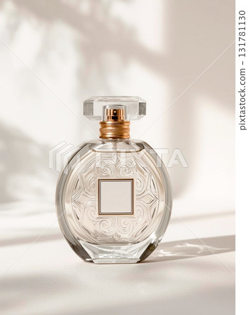 Mockup with perfume glass bottle, template for beauty and care, fragrances and harmony. Generated by Ai. Mockup with perfume glass bottle, template for beauty and care, fragrances and harmony. Generated by Ai. 131781130