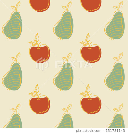 Autumn harvest, thanksgiving day pattern with stylized apples and pears in doodle style and colorful spots. Autumn harvest, thanksgiving day pattern with stylized apples and pears in doodle style and colorful spots. 131781143