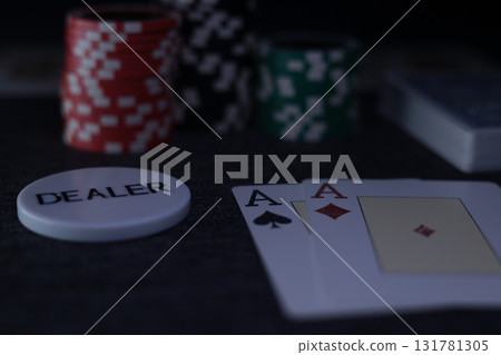 the poker game in casino chips cards and the poker table 131781305