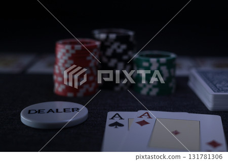 the poker game in casino chips cards and the poker table 131781306