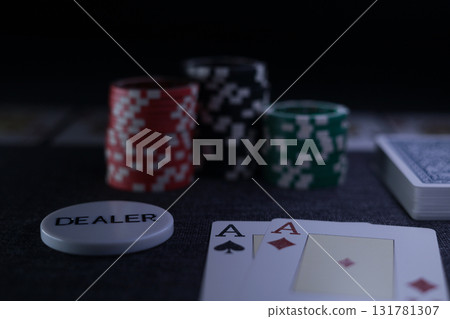 the poker game in casino chips cards and the poker table 131781307